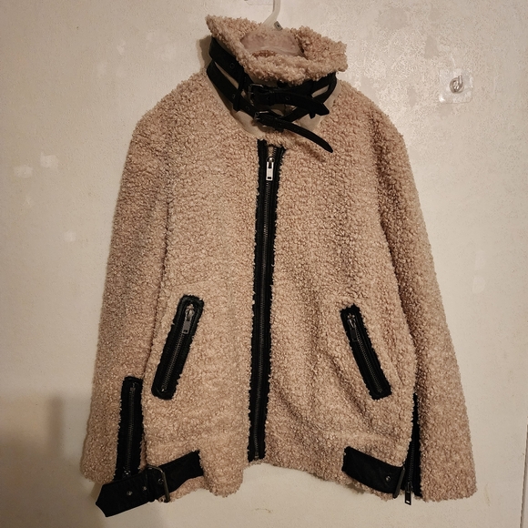 Zara Teddy Faux Shearling Aviator Moto Jacket With Leather Accents Size L - Picture 2 of 11